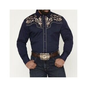 EUC Rodeo Clothing Men’s Embroidered western Long Sleeve Snap Shirt Navy XL